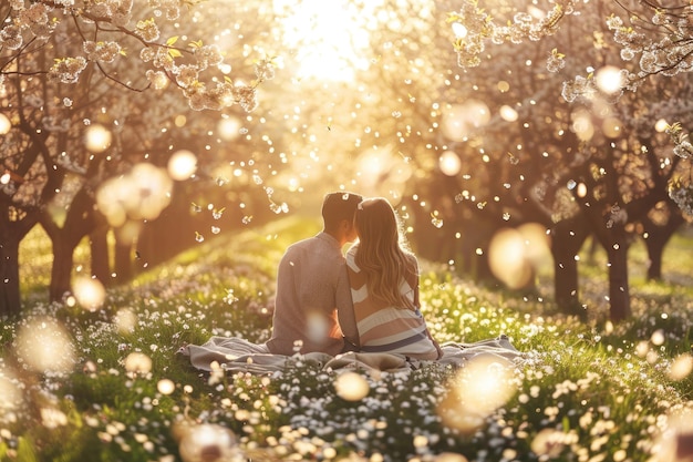 Photo a couple picnics in a blooming apple orchard surrounded by falling petals and warm sunlight