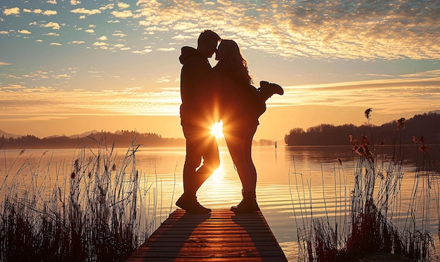 a couple on a pier with the sun setting behind them