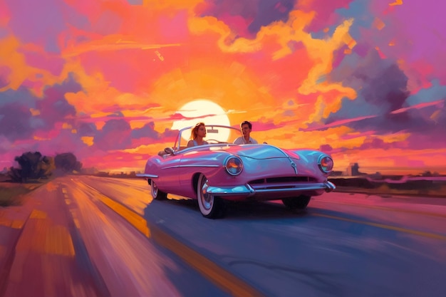 A couple in a pink convertible car on a road with the sun setting behind them.