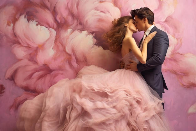 A couple in a pink dress with a large cloud behind them