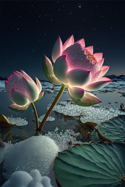 Couple of pink flowers sitting on top of a body of water generative ai