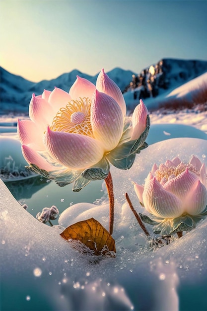 Couple of pink flowers sitting on top of a snow covered ground generative ai