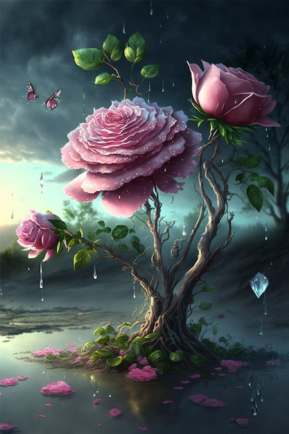 Couple of pink roses sitting on top of a tree generative ai