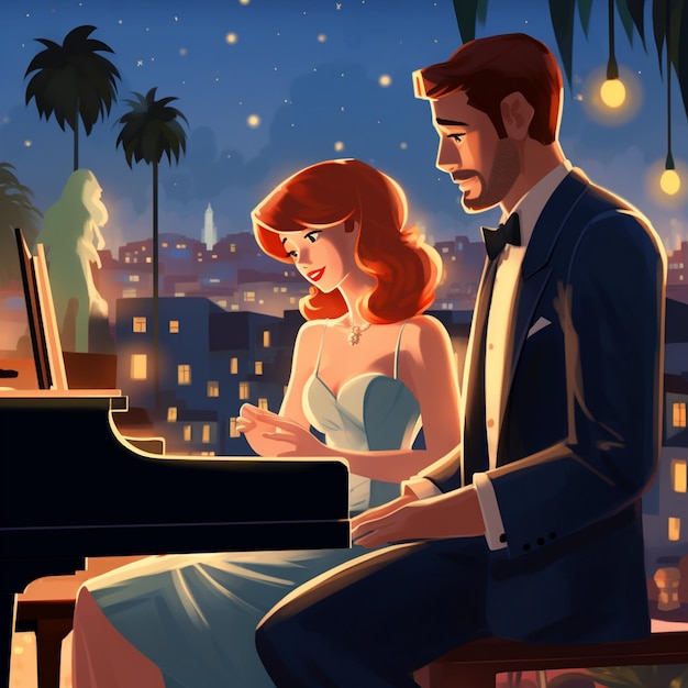 a couple playing the piano in a night scene with the date on the background.