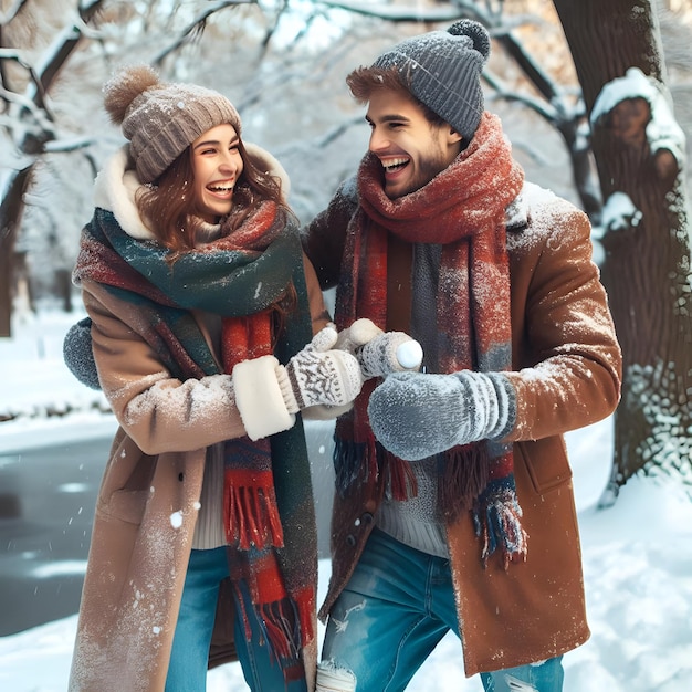 Photo couple playing in snow in winter