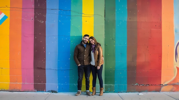 a couple pose in front of a colorful wall