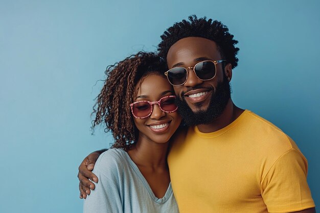 a couple pose for a photo with sunglasses on their head