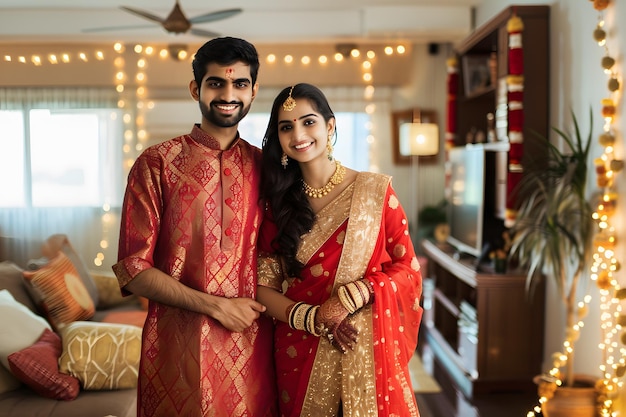 a couple poses for a photo in their living room