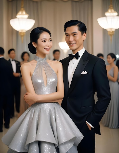 a couple posing for a photo in front of a man in a tuxedo