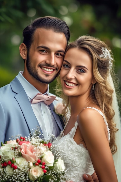 A couple posing for a photo in a park