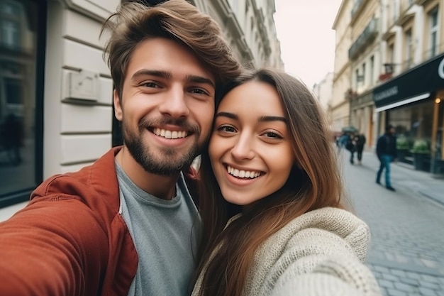 A couple posing for a photo in a street