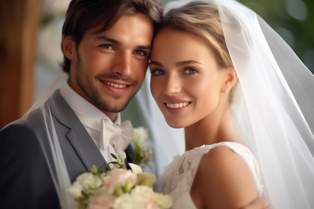 A couple posing for a photo with a bouquet of flowers