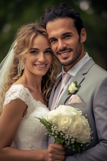 A couple posing for a photo with a wedding bouquet