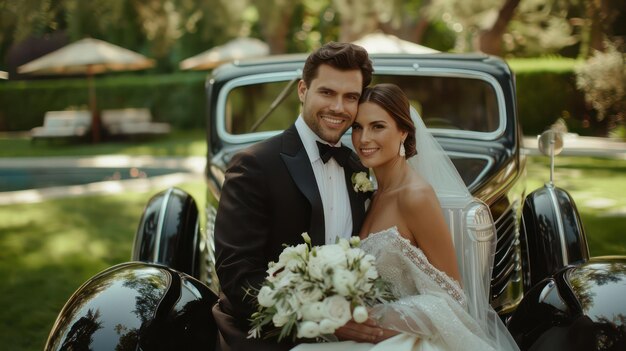 Photo couple posing in a vintage car for stylish wedding exit the perfect photograph ideas for your big