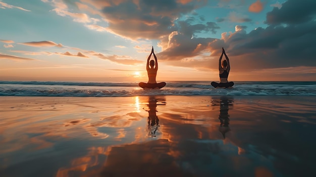 Couple Practicing Yoga at Dawn Serene Beach Exercise Session