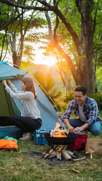 Couple Preparing For Camping In The Nature