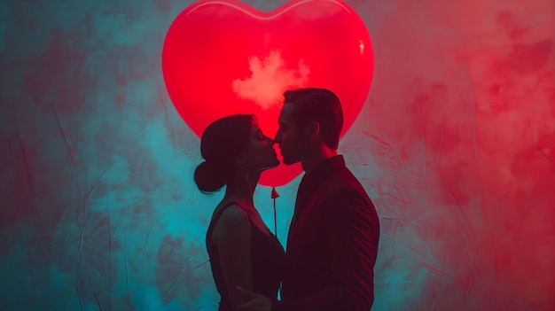 Couple preparing to kiss with a red heartshaped balloon