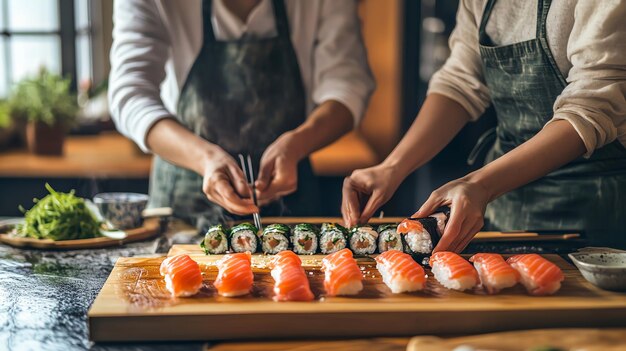 A couple preparing sushi rolls in the kitchen