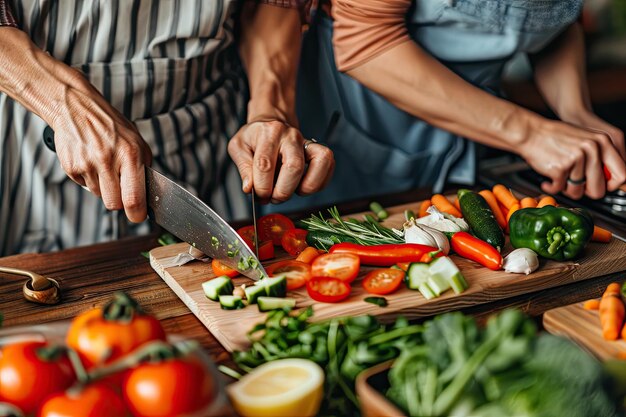 Photo couple preparing vegetarian meal together in kitchen