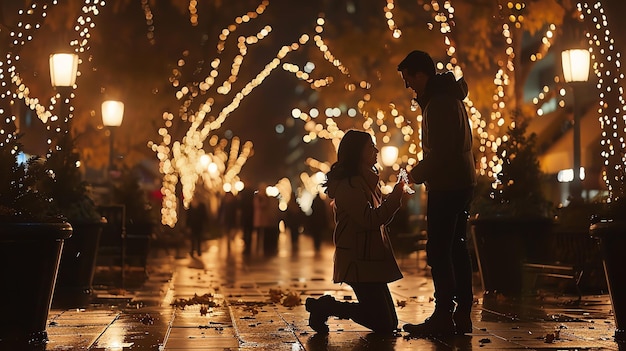 a couple in the rain with lights in the background