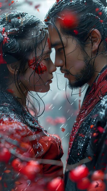 a couple in rain with the rain falling on their faces