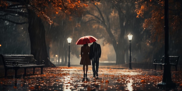 Couple in the rain with umbrellas in the rain Generative AI