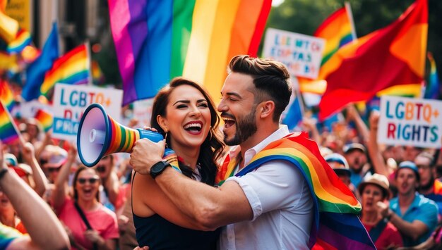 a couple in a rainbow flag with the word peace on it