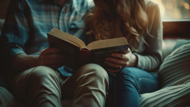 Photo a couple reading a book together with a man sitting next to them