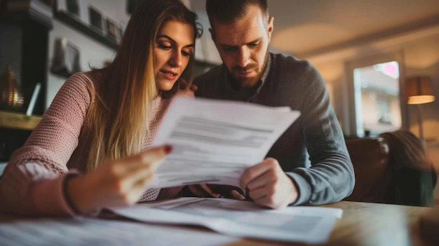 A couple reading through loan documents together at a table