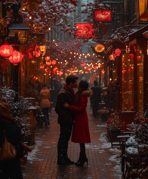 Photo a couple in red attire sharing kiss background