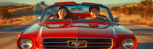 A couple in a red car with the logo for the brand ford