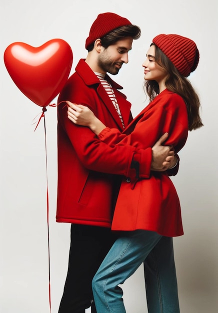 Photo a couple in red coats and hats with a heart shaped balloon