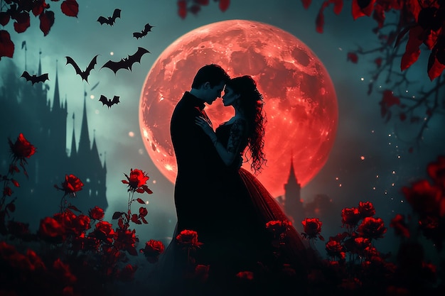 Photo a couple in a red moon with bats and the words quot bats quot on the wallpaper