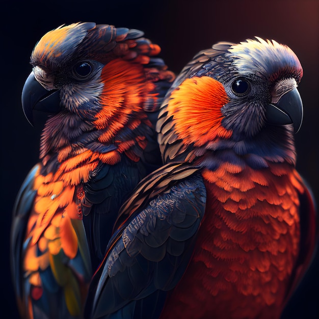 Couple of red and orange parrots on a black background