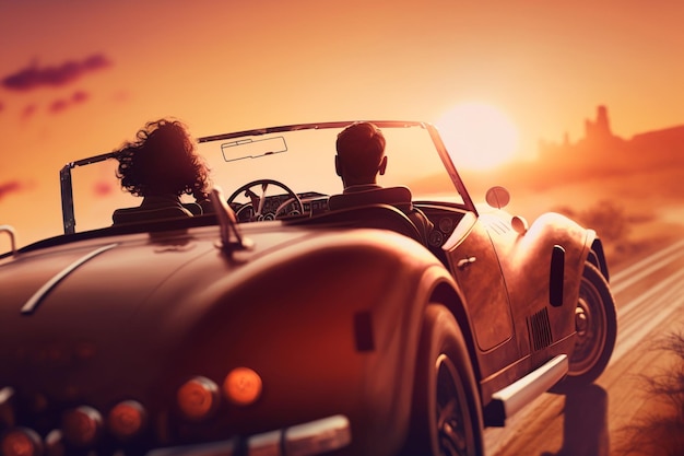 A couple in a red vintage car with the sun setting behind them