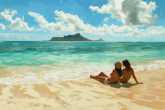 Couple relax on Lanikai Beach Oahu Hawaii USA