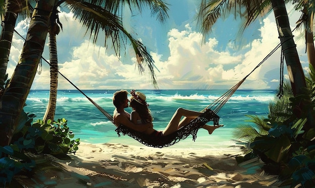 a couple relaxing on a beach with a palm tree