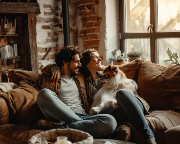 Photo couple relaxing on couch with pet dog beside them generative ai