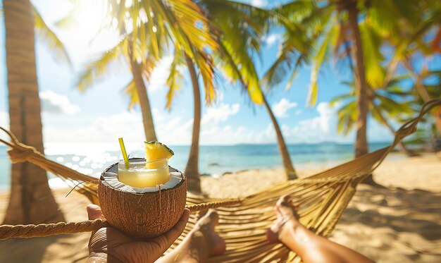 Photo couple relaxing in a hammock on a tropical beach