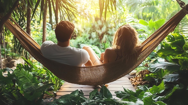 Photo couple relaxing in a hammock in a tropical paradise