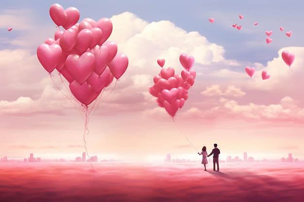 A couple releasing heartshaped pink balloons pink life