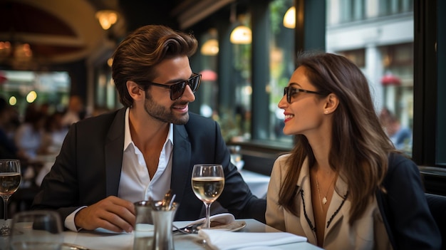 couple in a restaurant, looking at each other and smiling, they are looking at each other.