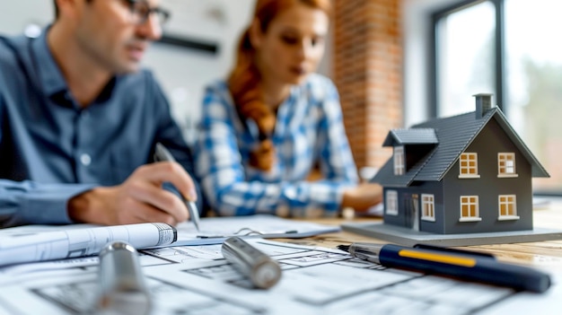 Couple reviewing house plans with model home