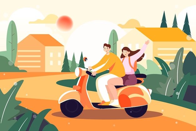 Couple riding outdoors with houses and plants in the background vector illustration