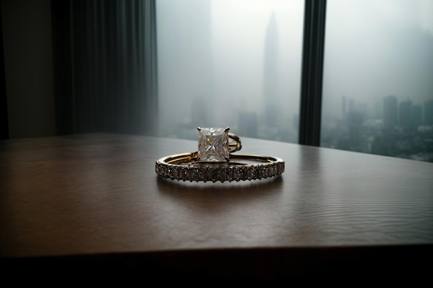 A Couple Of Rings Sitting On Top Of A Wooden Table