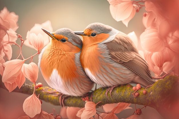 Couple of romantic budgies birds on a branch Love concept Generative AI