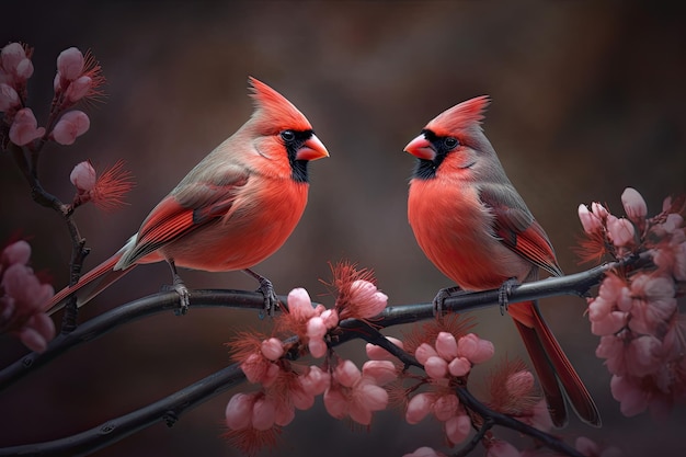 Couple of romantic budgies birds on a branch Love concept Generative AI