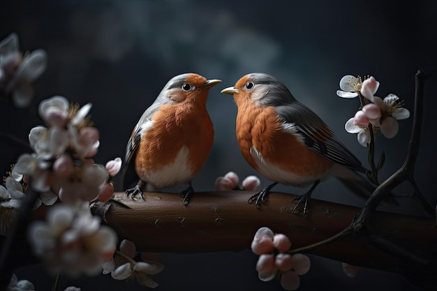 Couple of romantic budgies birds on a branch Love concept Generative AI