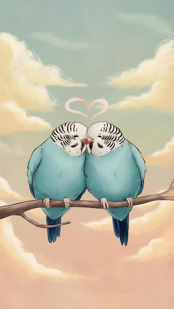 Photo couple of romantic budgies birds on a branch love concept