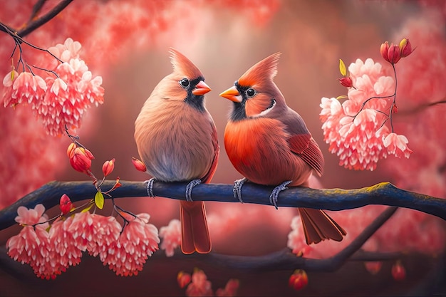 Couple of romantic cardinal birds on a branch Love concept Generative AI